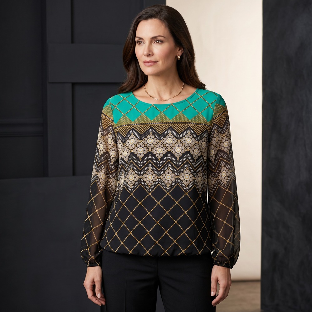 Alfani Geometric Sheer Sleeve Top L Green Black Whimsigoth Boho Office Siren